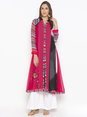 Nikhaar Creations Pink Embroidered Georgette A Line Palazzo Kurta Dupatta