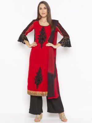 Nikhaar Creations Red Embroidered Georgette Straight Palazzo Kurta Dupatta