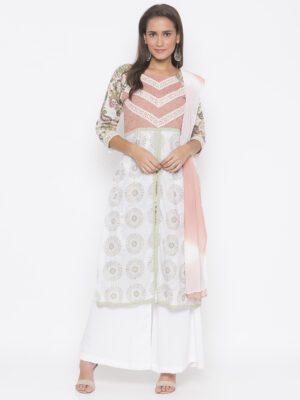 Nikhaar Creations off white Printed Cotton Flared Palazzo Kurta Dupatta