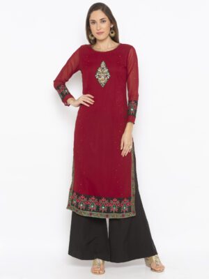 Nikhaar Creations Maroon Georgette Embroidered Straight Kurta