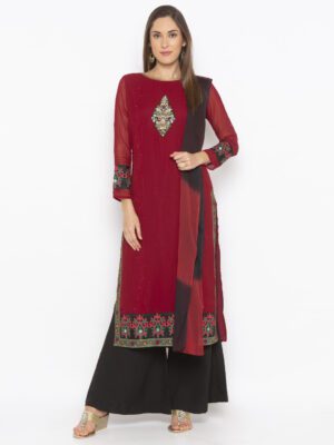 Nikhaar Creations Maroon Embroidered Georgette Straight Palazzo Kurta Dupatta
