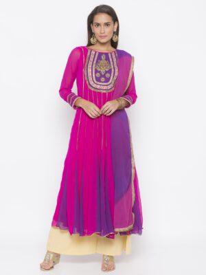 Nikhaar Creations Pink Embroidered Georgette Flared Palazzo Kurta Dupatta