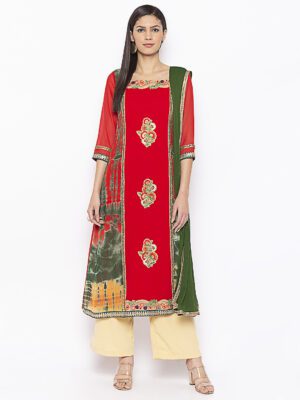 Nikhaar Creations Red Embroidered Georgette A Line Palazzo Kurta Dupatta