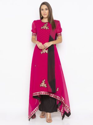 Nikhaar Creations Pink Embroidered Georgette Asymmetrical Palazzo Kurta Dupatta