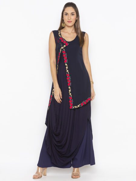 Nikhaar Creations Dark Navy Blue Cotton Embroidered  Asymmetrical  Kurta Set - Image 2