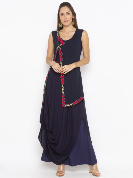 Nikhaar Creations Dark Navy Blue Cotton Embroidered  Asymmetrical  Kurta Set