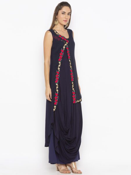 Nikhaar Creations Dark Navy Blue Cotton Embroidered  Asymmetrical  Kurta Set - Image 3