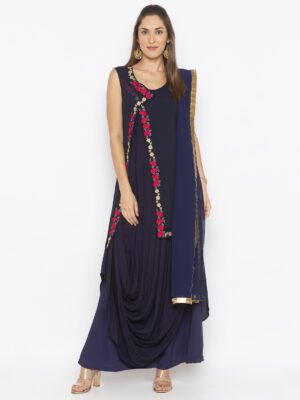 Nikhaar Creations Dark Navy Blue Embroidered Cotton Asymmetrical Palazzo Kurta Dupatta