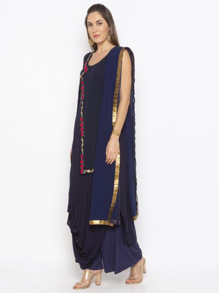 Nikhaar Creations Dark Navy Blue Embroidered Cotton  Asymmetrical  Palazzo Kurta Dupatta - Image 3