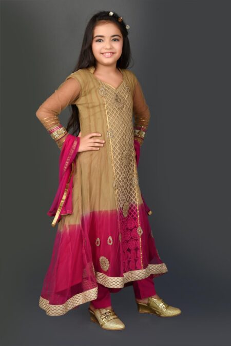 Beige Pink Embroidered Asymmetrical Net Kurta Pants Dupatta - Image 3