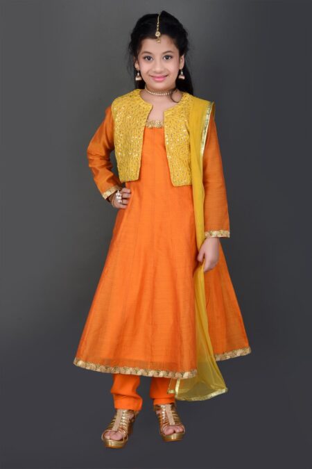 Orange Embroidered Chanderi Silk Kurta Pants Dupatta - Image 2