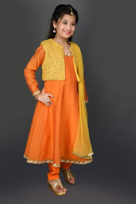 Orange Embroidered Chanderi Silk Kurta Pants Dupatta - Image 4