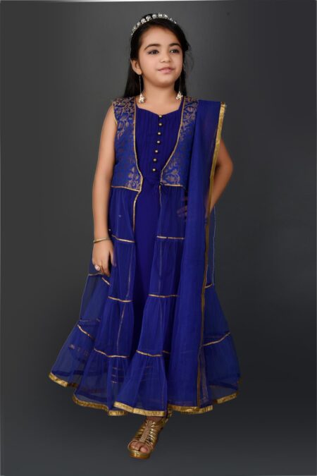 Royal Blue Embellished A Line Net churidar Kurta Dupatta - Image 2