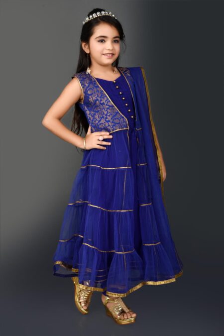 Royal Blue Embellished A Line Net churidar Kurta Dupatta - Image 3
