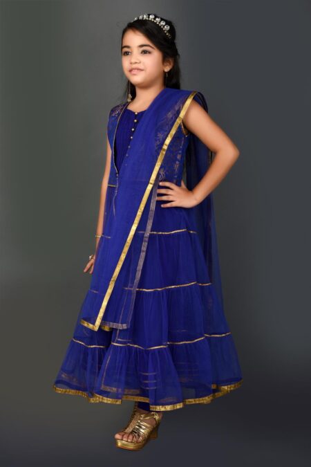 Royal Blue Embellished A Line Net churidar Kurta Dupatta - Image 4