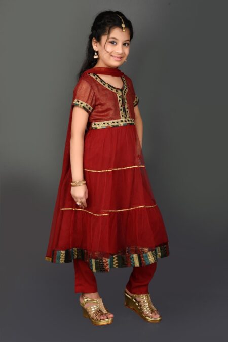 Maroon Embellished Anarkali Shimmer Kurta Pants Dupatta - Image 4