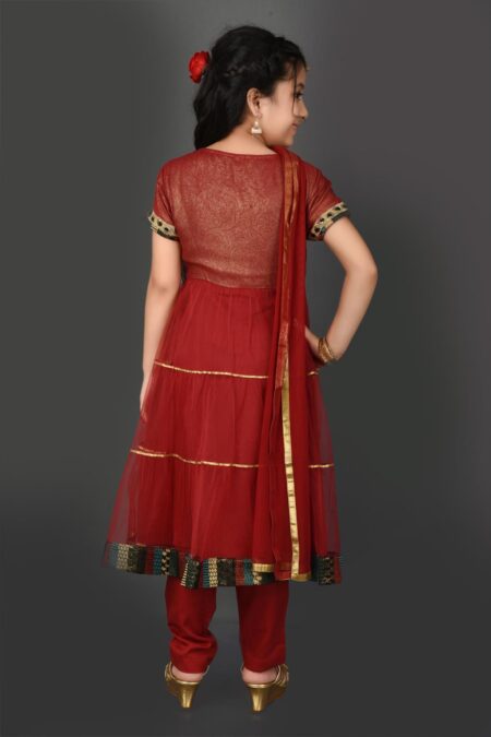 Maroon Embellished Anarkali Shimmer Kurta Pants Dupatta - Image 5