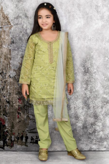 Green Embroidery Straight Chanderi Silk Kurta Pants Dupatta - Image 2