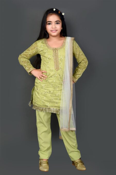 Green Silk Kids Kurta Set | Buy Ethnic Wear Clothing For Girls Online