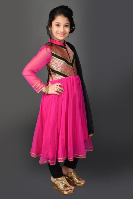 Pink Embellished Flared Net Kurta Pants Dupatta - Image 4