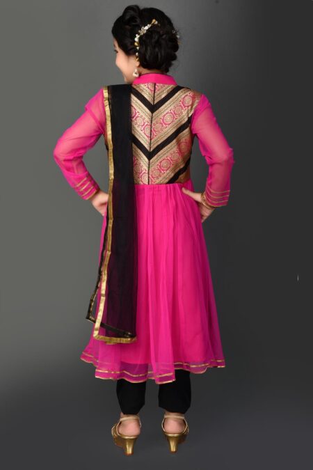 Pink Embellished Flared Net Kurta Pants Dupatta - Image 5