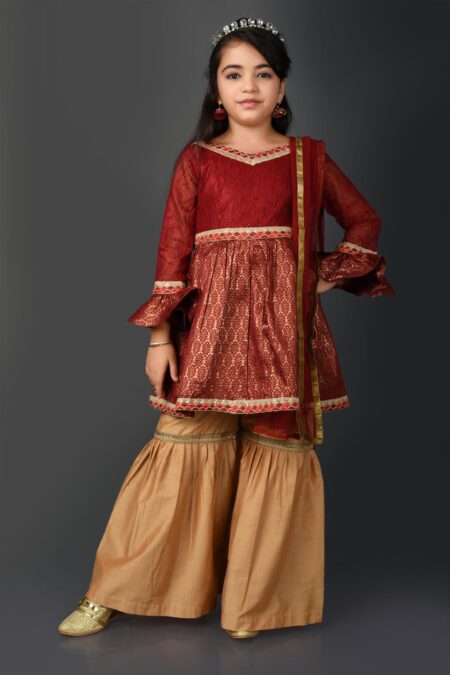 Maroon Embellished Shimmer Kurta Sharara Dupatta - Image 2