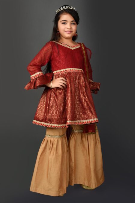 Maroon Embellished Shimmer Kurta Sharara Dupatta - Image 3