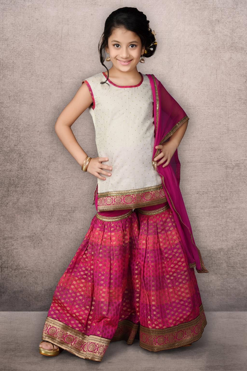 White Embellished Brocade Kurta Sharara Dupatta