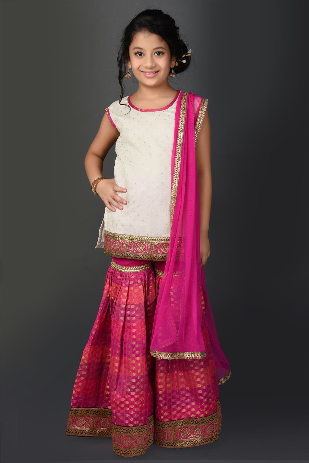 White Embellished Brocade Kurta Sharara Dupatta - Image 2