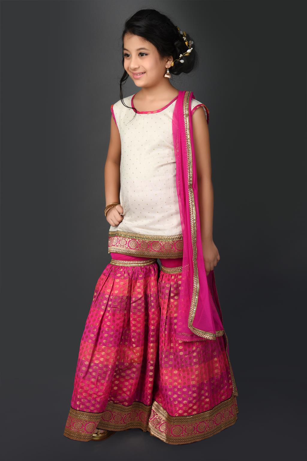 White Embellished Brocade Kurta Sharara Dupatta - Image 3