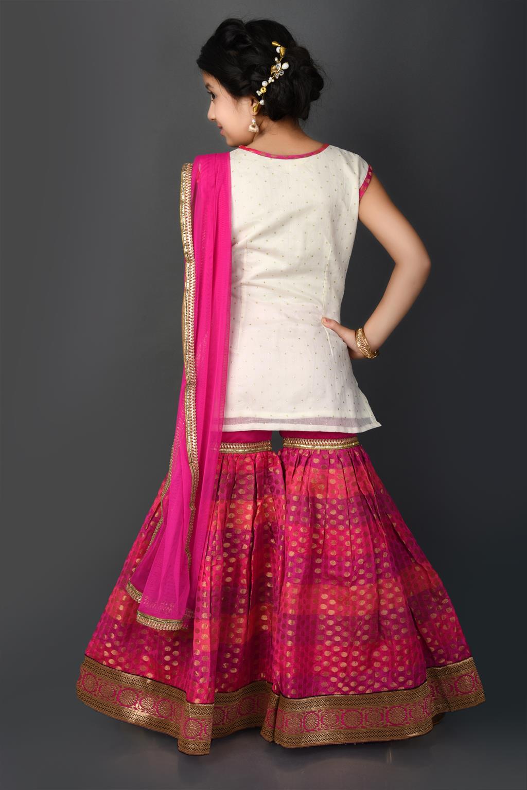 White Embellished Brocade Kurta Sharara Dupatta - Image 5