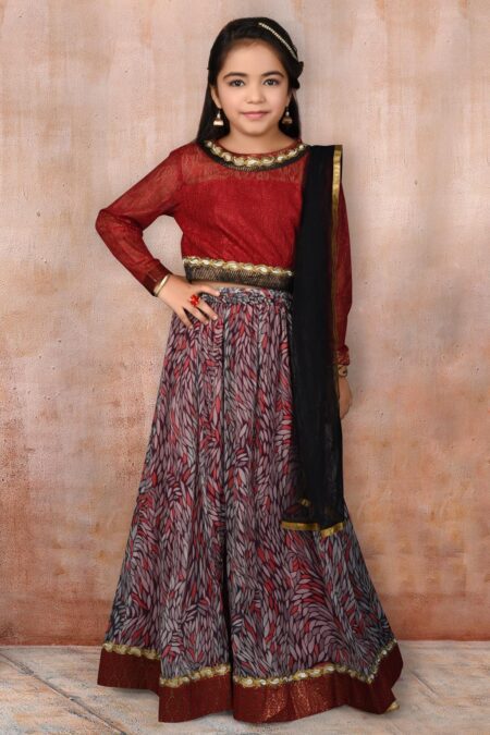 Maroon Embroidered Net Lehenga Choli Dupatta