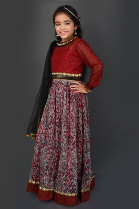 Maroon Embroidered Net Lehenga Choli Dupatta - Image 4