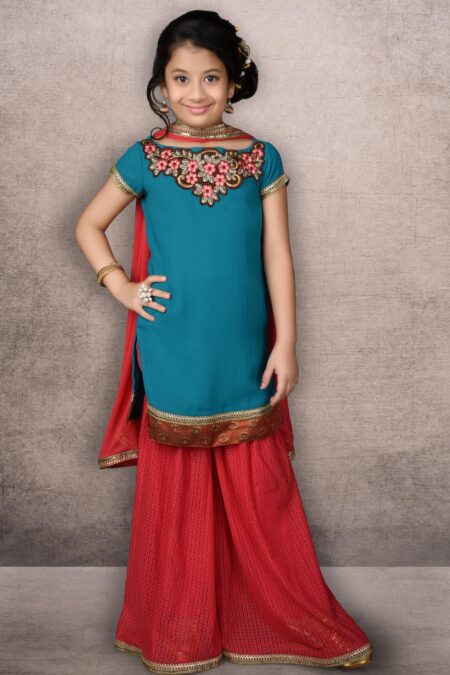 Blue Embroidery Georgette  Kurta Sharara Dupatta