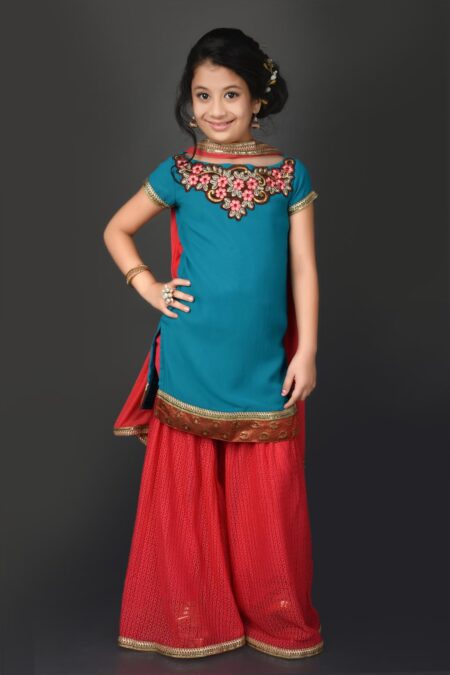 Blue Embroidery Georgette  Kurta Sharara Dupatta - Image 2