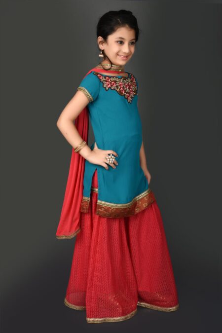 Blue Embroidery Georgette  Kurta Sharara Dupatta - Image 3