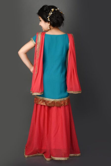 Blue Embroidery Georgette  Kurta Sharara Dupatta - Image 5