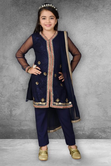 Navy Blue Embroidered Straight Net Kurta Pants Dupatta