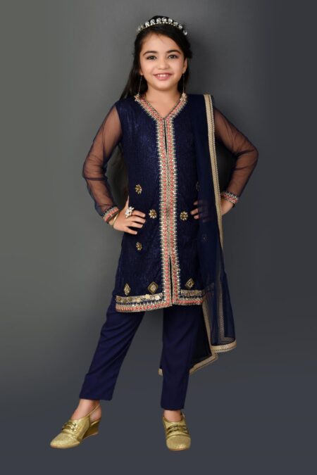 Navy Blue Embroidered Straight Net Kurta Pants Dupatta - Image 2