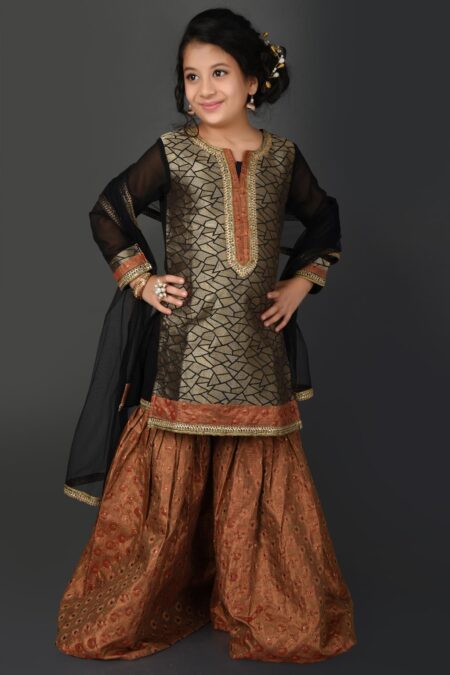 Gold Embellished Brocade Kurta Sharara Dupatta - Image 2
