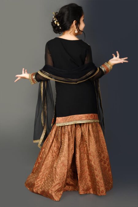 Gold Embellished Brocade Kurta Sharara Dupatta - Image 5