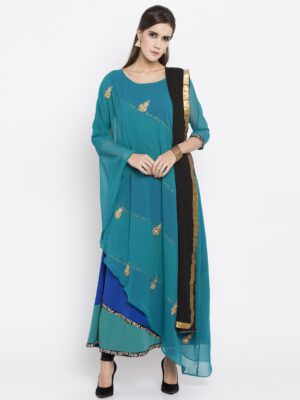 Nikhaar Creations Turquoise Blue Embroidered Georgette Asymmetrical Churidar Kurta Dupatta