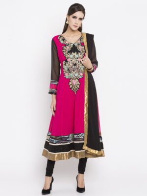 Nikhaar Creations Pink Embroidered Georgette Anarkali Churidar Kurta Dupatta