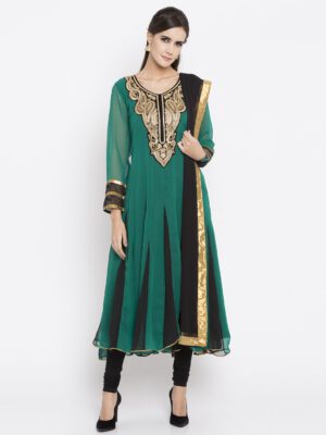 Nikhaar Creations Green Embroidered Georgette kalidar Churidar Kurta Dupatta