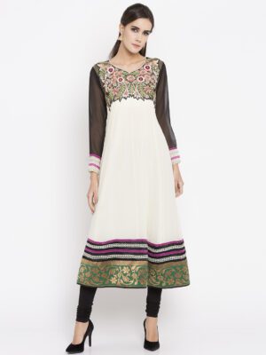 Nikhaar Creations Off White Embroidered Georgette kalidar Kurta