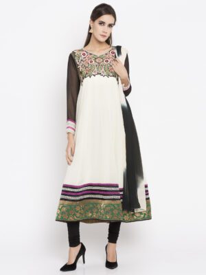 Nikhaar Creations Off White Embroidered Georgette kalidar Churidar Kurta Dupatta