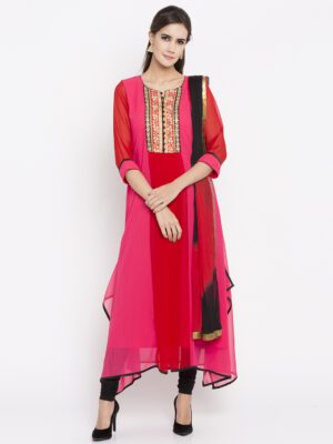 Nikhaar Creations Pink Embroidered Georgette Asymmetrical Churidar Kurta Dupatta