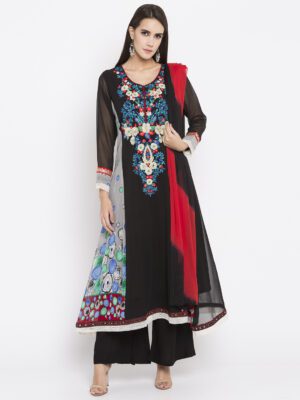 Nikhaar Creations Black Embroidered Georgette kalidar Palazzo Kurta Dupatta