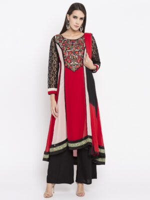 Nikhaar Creations Red Embroidered Georgette kalidar Palazzo Kurta Dupatta