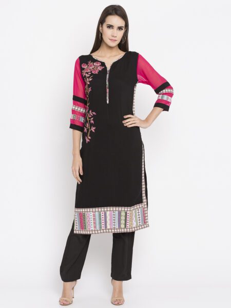 Nikhaar Creations Black Embroidered Cotton straight cut Kurta Set ...